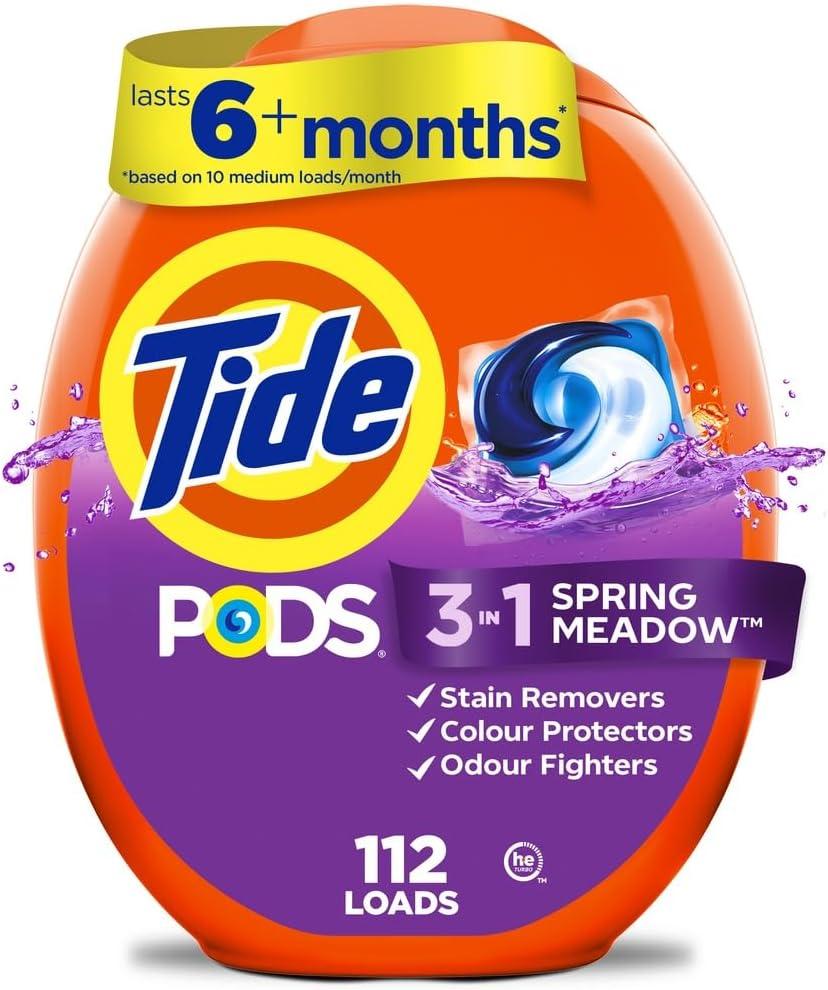 Tide PODS Laundry Detergent Pacs, 3-in-1 Stain Remover, Odor Fighter, Color Protector, 112 Count, HE Compatible, Spring Meadow Scent