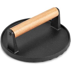HaSteeL Single Cast Iron Grill Press, Heavy Duty 7In Bacon Burger Press with Wooden Handle, Pre-Seasoned Steak Press Great for Flat Top Griddle Teppanyaki BBQ Grilling Cooking Indoor & Outdoor
