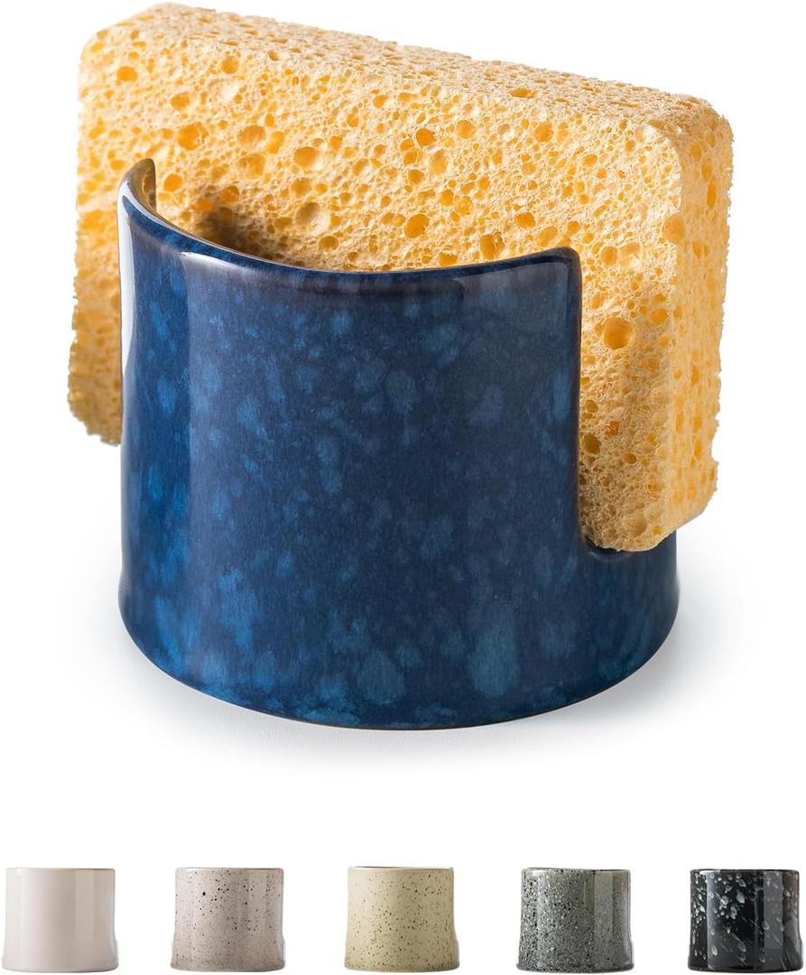 Zoeeker Kitchen Sponge Holder, Ceramic Sponge Organizer Scrubby Holder Sink Caddy Dish Rack for Kitchen and Bathroom, Farmhouse Decor, Blue (Cylindrical)