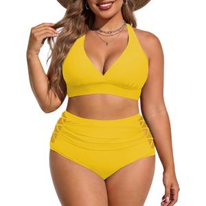 American Trends Womens Plus Size Bikini Set - Tummy Control, High Waisted 2 Piece Swimsuits Bathing Suits (Yellow, XXL)