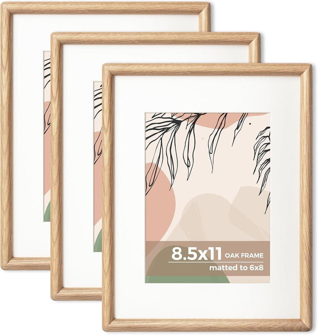 Axeman 8.5 by 11 Picture Frame Set of 3 - Solid Oak Frame 8.5 x 11 Matted to 6x8 - Rounded Corner 8.5x11 Photo Frame with Tempered Glass - Oak Wood Certificate Frames Document Frames - Oak