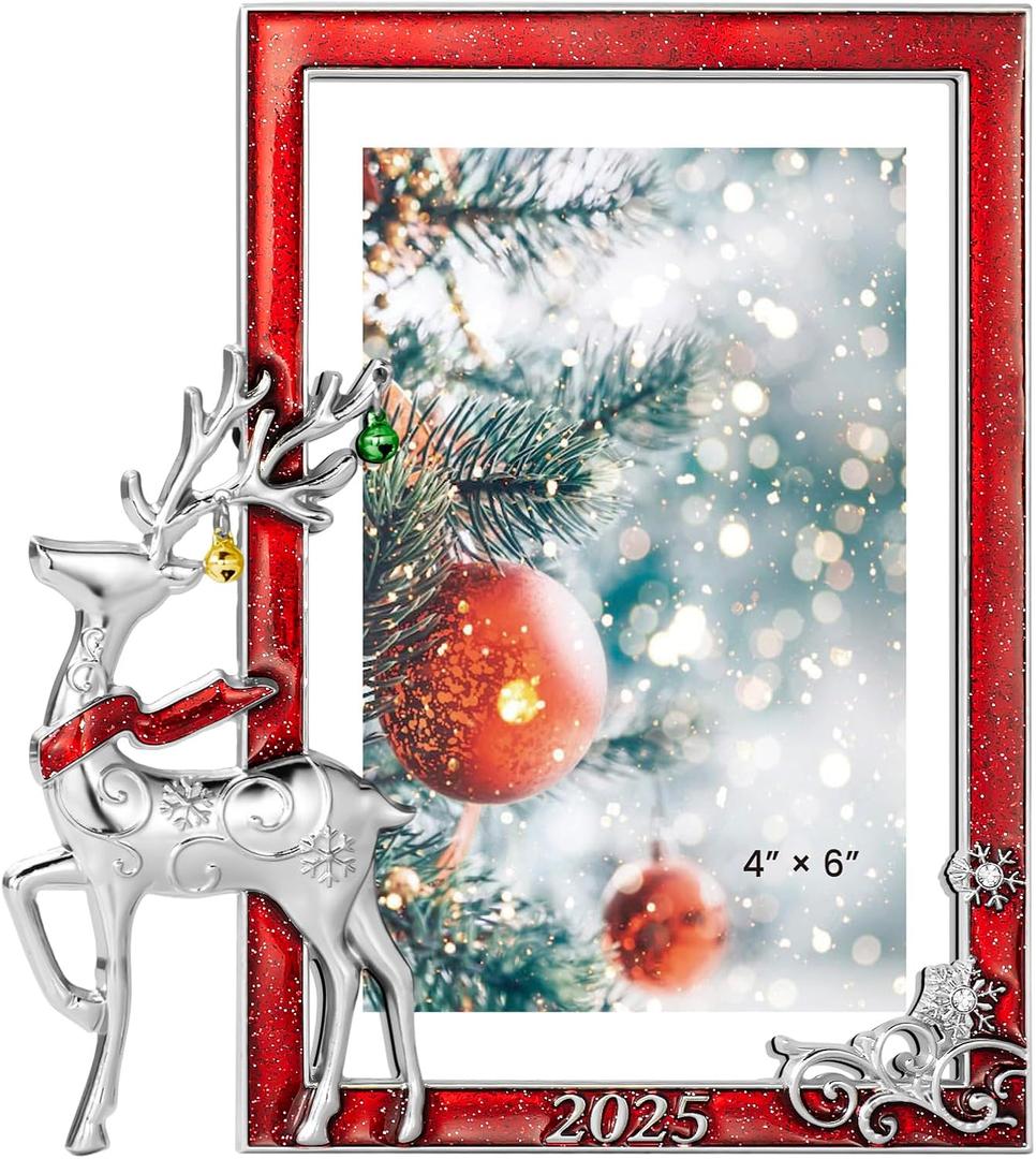 Unicadecor Casa 2025 Christmas Metal Picture Frame | 4x6 / 5x7 Holiday Premium Frame with Snowflake & Festive Designs | Elegant Home Dcor & Christmas Gift Choice (Deer-Red)
