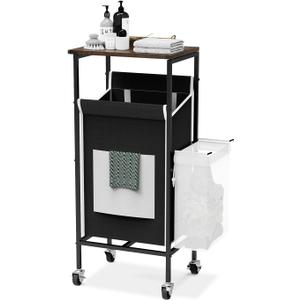 Laundry Hamper with Lid,Rolling Laundry Basket with Wheels,Metal Frame Sorter with Top Shelf and Removable Launddry Bags,Large Laundry organizer for Room, Bathroom, Bedroom (Black)