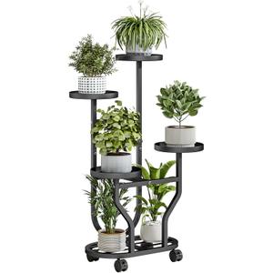 Plant Stand Indoor Outdoor 4 Tier Flower Holder with Wheels Metal Plant Shelf Corner Display Rack Multi Plants Sheleves for Living Room Garden Patio Black