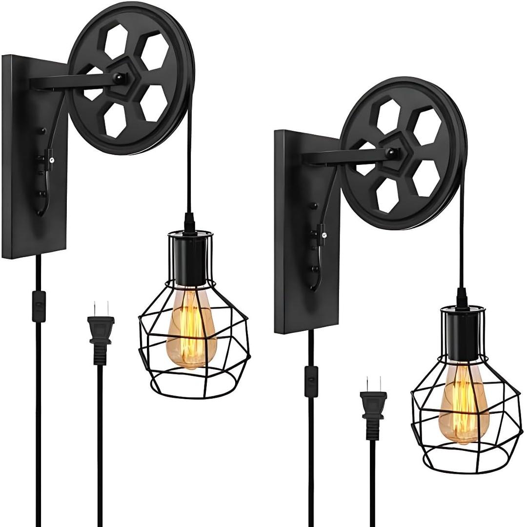 Farmhouse Plug in Wall Sconce Set of 2  Industrial Rustic Wall Lamp with Black Iron Cage & Wooden Pulley for Bedroom, Living Room, Hallway, Restaurant, Dimmable Wall Light Fixture