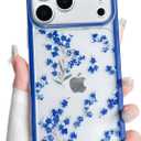 NITITOP Compatible for iPhone 17 Pro Case Clear Cute Floral Flower Branch Leaves Pattern for Women Girls Color Frame Slim Shockproof Durable Protective Phone Cover - Blue