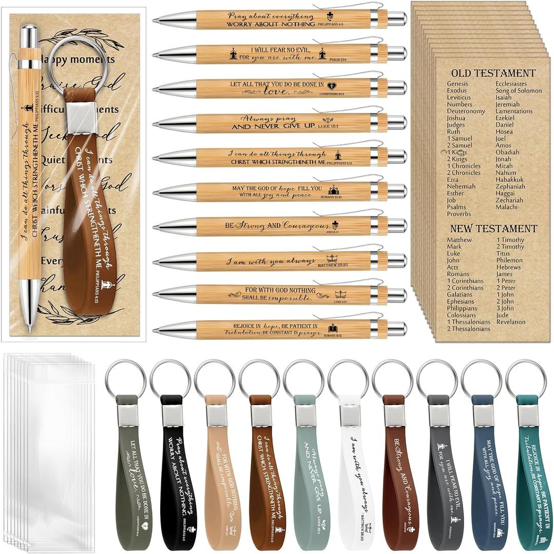 Gueevin 10 Sets Christian Party Favors Gift Bulk Pastor Appreciation Sunday School Teacher Bible Verse Bamboo Ballpoint Pen Prayer Religious Bookmarks Scripture First Communion Silicone Keychain