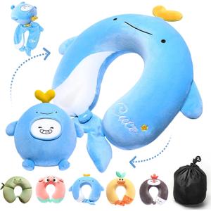 2-in-1 Deformable Kids Adult Neck Pillow for Traveling Soft U-Shaped Pillow with Adorable Animal Design Comfy Sleep Travel Accessories for Car Airplane TravelingWhale