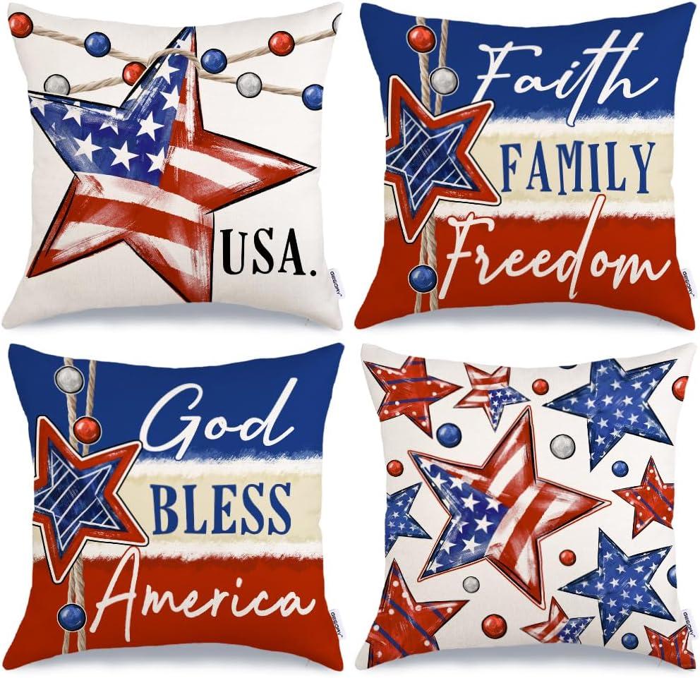 GEEORY 4th of July Pillow Covers 20x20 Inch Set of 4, Patriotic Stars Faith Family Freedom God Bless America Striped Farmhouse Decorative Throw Pillowcases for Home Sofa Couch Decoration G526-20