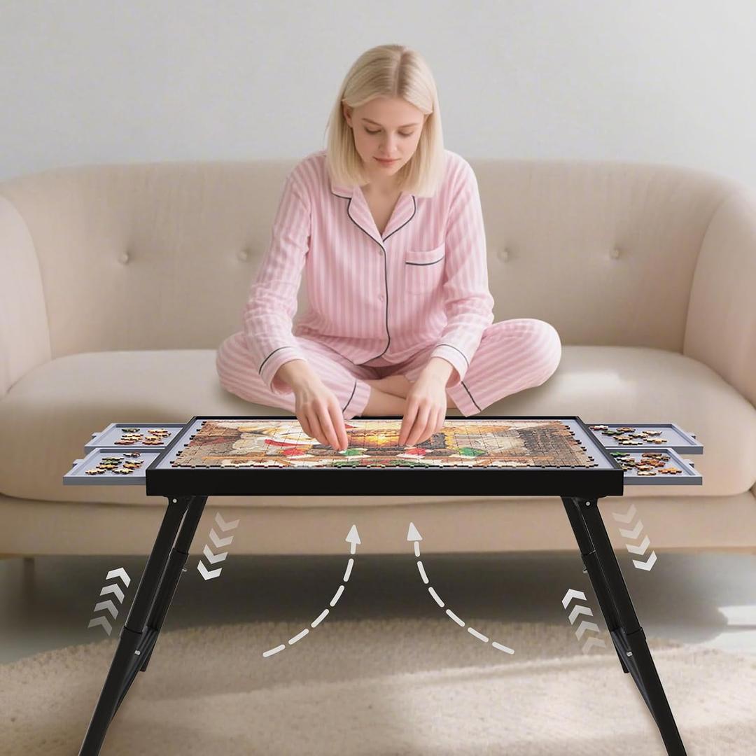 Puzzle Table with Drawers Adjustable Height 1500pcs,Foldable for Storage 3 in 1 Jigsaw Puzzle Table with Legs,Puzzle Tables for Adults with Drawers