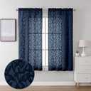 Lecloud Leia Living Room Navy Blue Sheer Curtains 63 Inch Length 2 Panels, Balance Light & Privacy Jacquard Textured Voile Curtain with Dual Rod Pockets, Leaf Farmhouse Bedroom Drapes, 38W x 63L