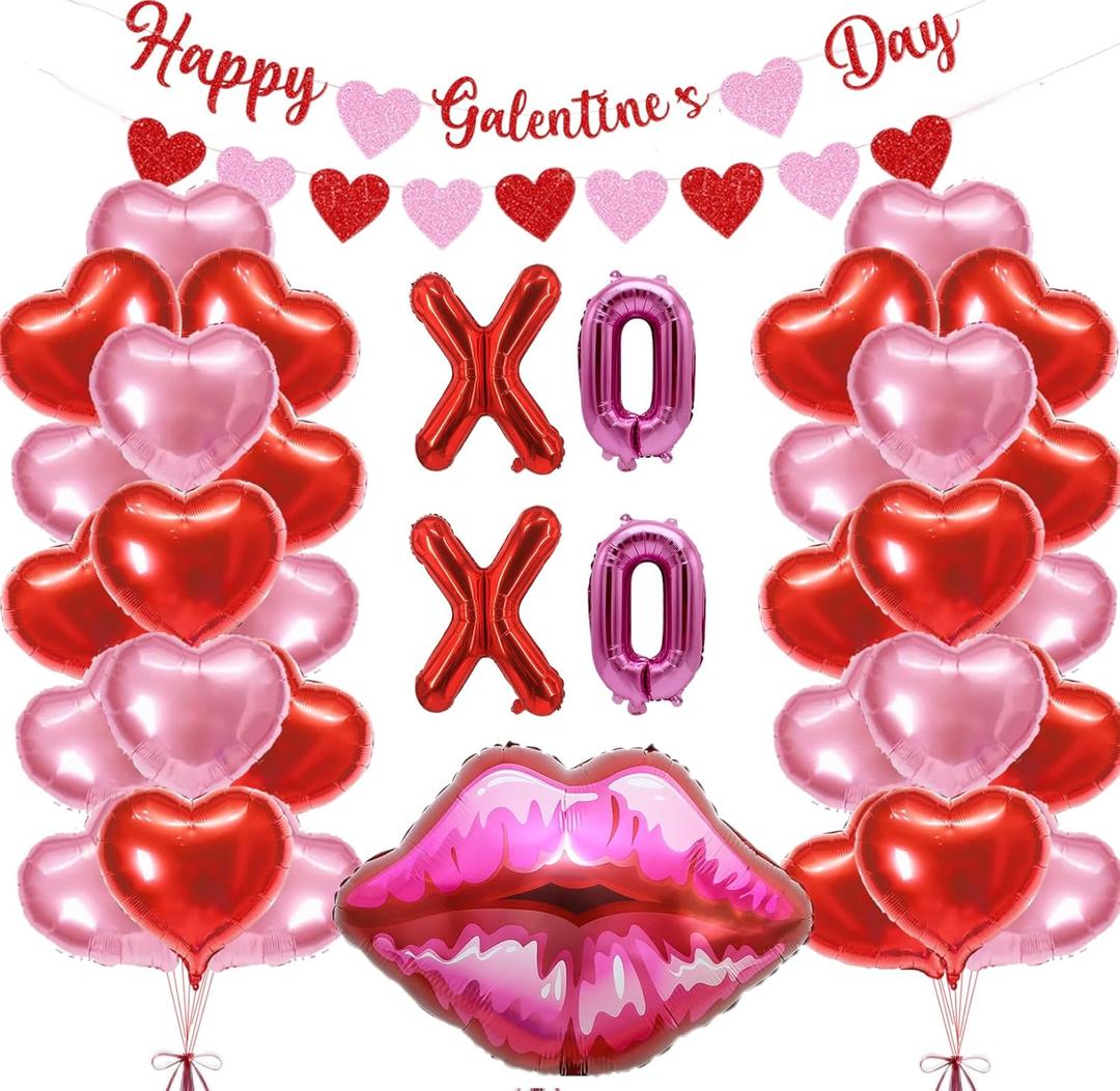 Galentines Day Decorations Set, 2 Happy Galentines Day Banner 30 Pcs Red Pink Heart Foil Balloons and XOXO Balloon Lip Balloons for Women Valentines Day Girls Night Party Decor