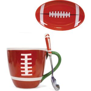 Football Mug Coffee Novelty Ceramic Mug & Cute Football Themed Spoon & Coaster Tray Dish, Great Football Sports Gifts Idea, For Men, Women, Great for Holidays, Birthdays, Fathers Day Etc.