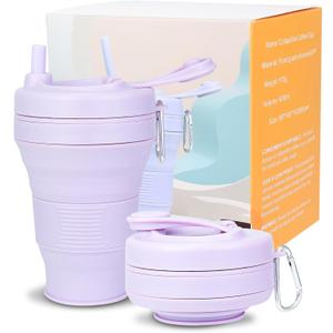 Collapsible Travel Cup - Lilac,20oz/600mlLeak-Proof Reusable To-Go Pocket Size Silicone Bottle for Hot & Cold Drinks - Camping & Hiking - Dishwasher Safe- Straw included