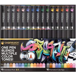 Chameleon Art Pens, 25-Pen Deluxe Set (15 Pens + 10 Color Tops) - Multicolor, 0.3mm Chisel Tip, Ambidextrous, Refillable, Perfect for Drawing, Coloring, Sketching