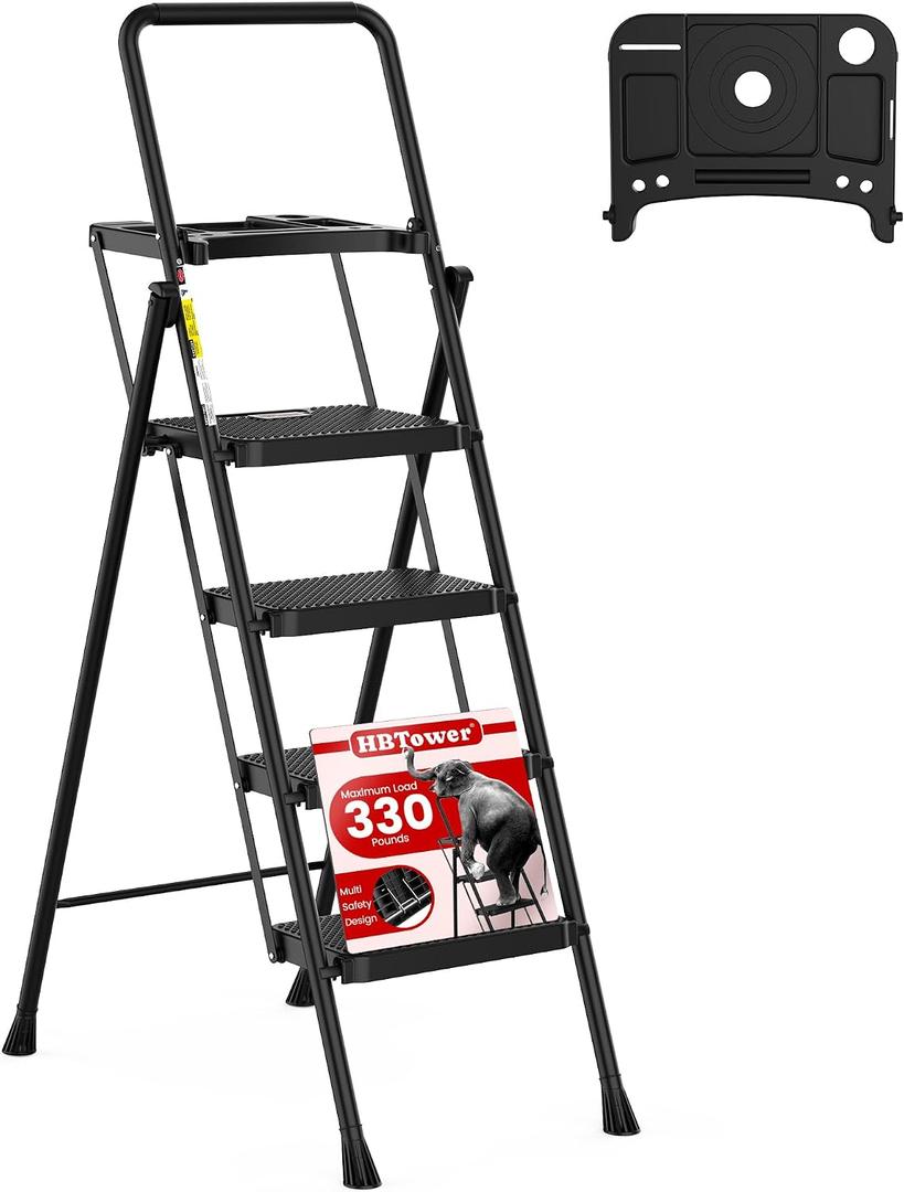 HBTower Step Ladder, Folding Step Stool with Wide Anti-Slip Pedal, Sturdy Steel Ladder, Convenient Handrail, Lightweight, Portable Steel Step Stool, 
36.6"W x 58.7"H