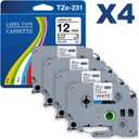 TZc-231 12mm 0.47 Laminated White Label Relpacement for Brother Label Maker Tape P-Touch Label Tape Compatible with PT-D210 PT-H110 PT-D220 PT-D400 D410 D600 (4 Pack)