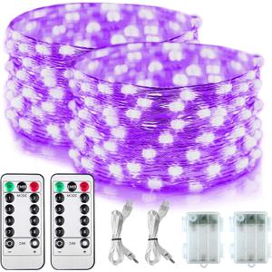 2 Pack Battery Operated UV Blacklight, 16.4ft 2835 LED UV Lamp Beads 8 Modes Flexible Black Lights Fixtures Fairy String Lights with Remote for Party Stage Body Paint Halloween Dcor