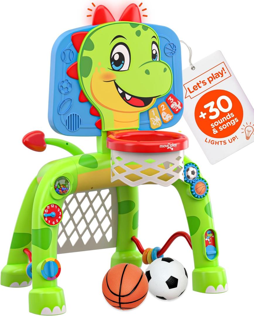 Move2Play, Dinosaur Basketball Hoop & Soccer Goal Activity Center | 30+ Sounds & Songs + 5 Lights | 1 2 3 Year Old for Boys and Girls | Toy & Gift for Baby & Toddlers