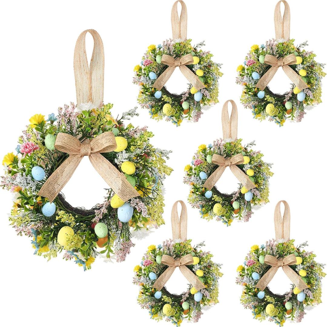 Riceshoot 6 Pcs 11 Inch Easter Egg Wreath Decorations with Ribbon Bow for Front Door Kitchen Cabinet Small Window Spring Artificial Flower Wreath with Pastel Eggs and Mixed Twigs for Home Farmhouse