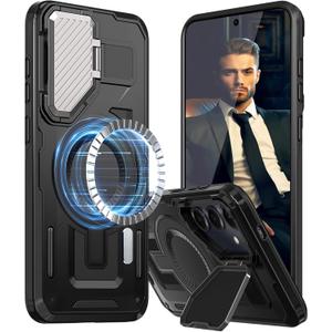 for Samsung Galaxy S25 Plus Case,S25 Plus Case with Camera Cover Stand [Compatible with MagSafe] Heavy Duty Drop Shockproof Slim Protection Rugged Magnetic Phone Case for Galaxy S25+ 6.7,Black