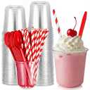 Baderke 50 Set Root Beer Float Cups with Red Plastic Soda Spoons and Paper Straws Plastic Parfait Cups Disposable Stemless Glasses for Milkshake Ice Cream Cocktail Yogurt Party Drinks (12oz)