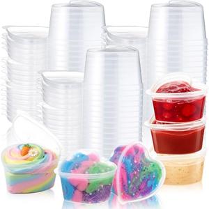 CHENGU 50 Sets 1.5 oz Heart Shaped Disposable Sauce Cups with Lids Slime Containers Heart Shaped Clear Plastic Storage Container Reusable Seasoning Portion Dispenser Cup for Mother's Day Party Favour