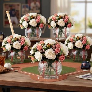 6 Pcs Baseball Party Decorations 4" W x3 H Round Glass Vases Cute Bubble Flower Vase for Centerpieces Baseball Fans Gift and Sport Party Favors Decoration