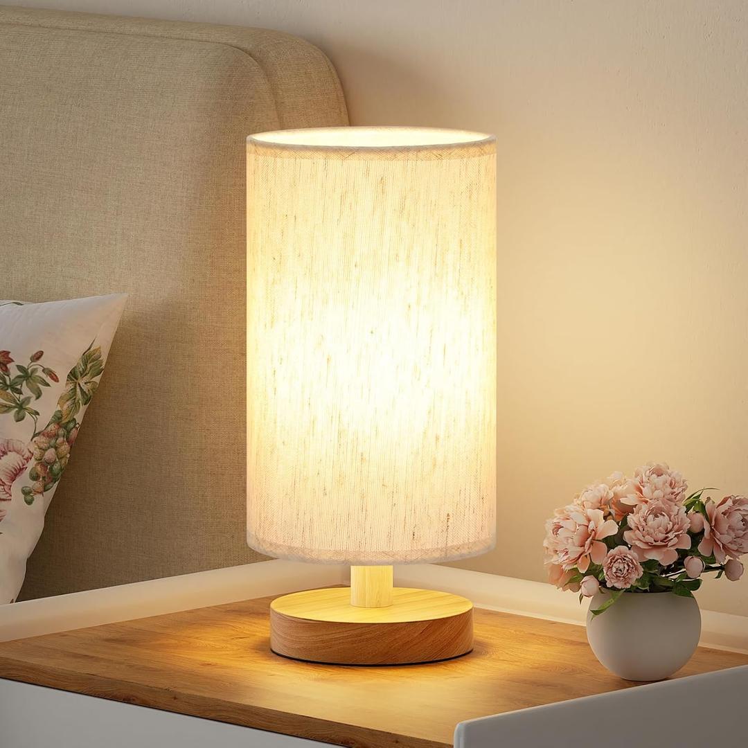 Fenmzee Small Table Lamp for Bedroom - Inline Control, Bedside Lamp with 3000K A15 LED Blub, Easy Assembly (Cream Shade - Wood Base, 9" Inline Control)