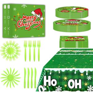 101 PCS Grinchmas Plate Set Christmas Tableware Set for Christmas Party Supplies Birthday Party Decoration