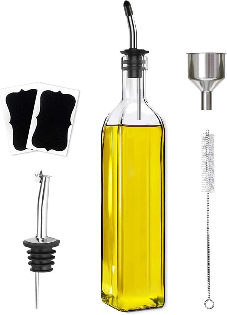 Leaflai Olive Oil Dispenser Bottle, 1 Pc Transparent Glass Olive Oil Dispenser and Vinegar Dispenser Set with 2 Stainless Steel Pourers, 4 Labels,1 Brush and 1 Funnel Oil Bottles for Kitchen (500ml)