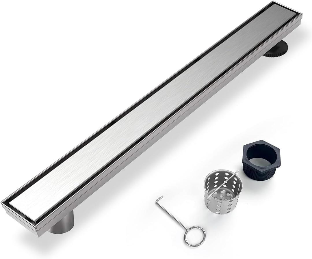 Offset Linear Shower Drain, Shower Drain 24 inch with 2-in-1 Tile Insert Cover, Brushed AISI 304 Stainless Steel Side Outlet Shower Floor Drain with Hair Catcher and Adjustable Feet