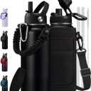 32oz Insulated Water Bottle Flask - Cold-48h & Hot-24h, Stainless Steel Water Bottle Hydro Cup with Paracord Handle, Straw & Spout Lids, Strap Carrier Bag, Meta Water Bottle for Sports Fitness Hiking (Black)