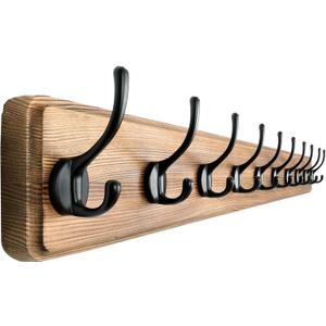 Dseap Wall Mounted Coat Rack: 38-1/4" Long, Patented, Heavy-Duty, 10-Double-Hooks Wooden Hanger Rail for Winter Coats, Hat, Jacket, Clothing - Natural & Black