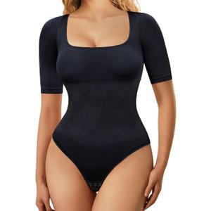 Gotoly Bodysuit for Women Tummy Control Shapewear Seamless Square Neck Tank Tops Short Sleeve Butt Lifting Summer Jumpsuit (Medium, Black)