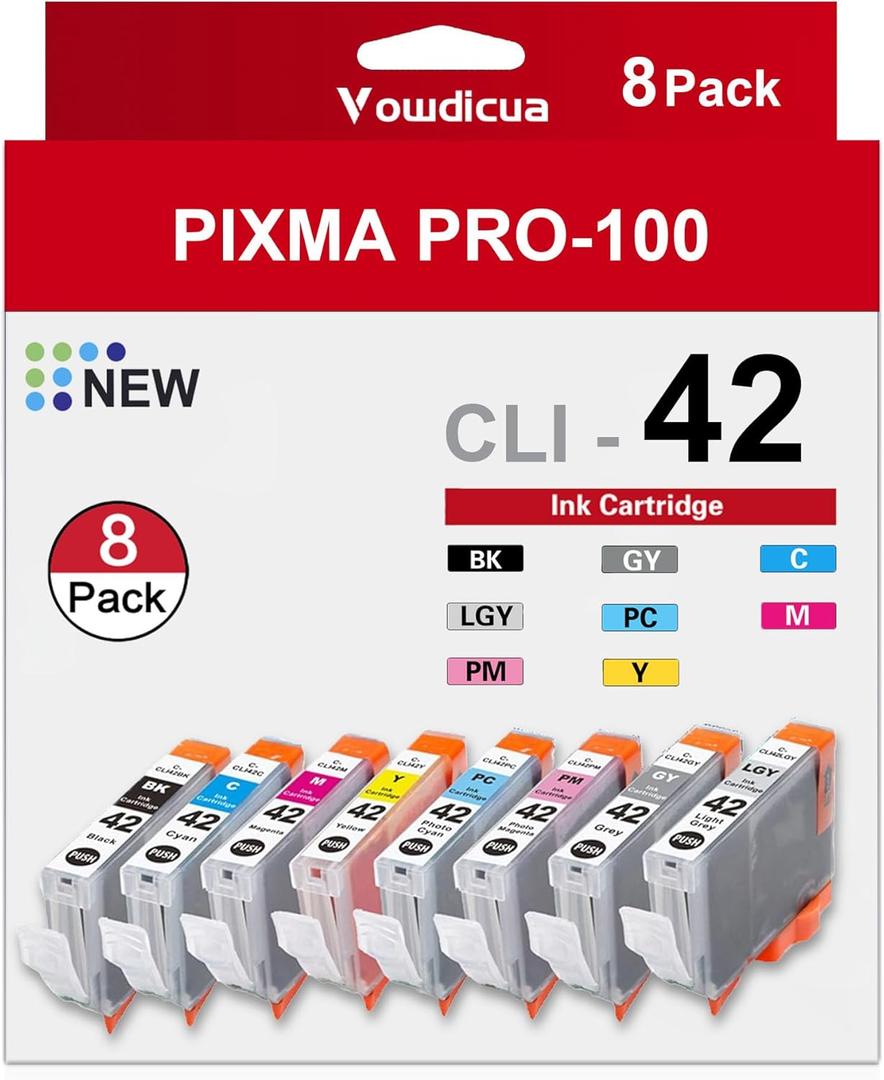 CLI-42 CLI42 Ink Cartridges 8-Pack Compatible CLI 42 Ink Use for Pixma Pro-100 Pro 100 Pro-100S Printers (Black, Grey, Cyan, Light Grey, Photo Cyan, Magenta, Photo Magenta, Yellow)