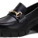 Coutgo Womens Chunky Platform Lug Sole Loafers Mid Heel Square Toe Dress Walking Work Shoes with Buckle Chain,Black, Size 7