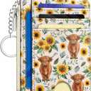 Kelvoris Highland Cow Sunflower Credit Card Holder Small Wallet Women, Slim RFID Blocking Wallet Woman Keychain with Zipper Coin Pocket, Front Pocket Thin Travel Card Case with ID Window Ladies Gifts