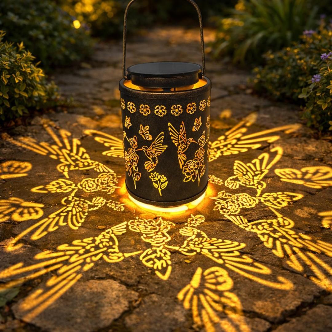 Outdoor Solar Hummingbird Lantern Waterproof, Hanging Metal Garden Lantern with Warm Hummingbird Projection, Decorative Solar Light for Patio Porch Yard Pathway, Gift for Women Mom