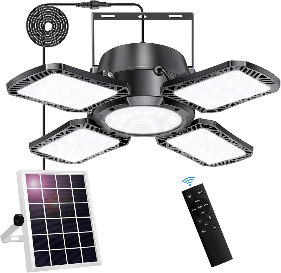 176LED Solar Powered Motion Sensor Pendant Light, Daytime Available, 5 Lighting Modes & Remote for Shed, Gazebo, Barn, Garage, Home, Indoor/Outdoor, Black, 3.5"L x 3.5"W x 3.9"H