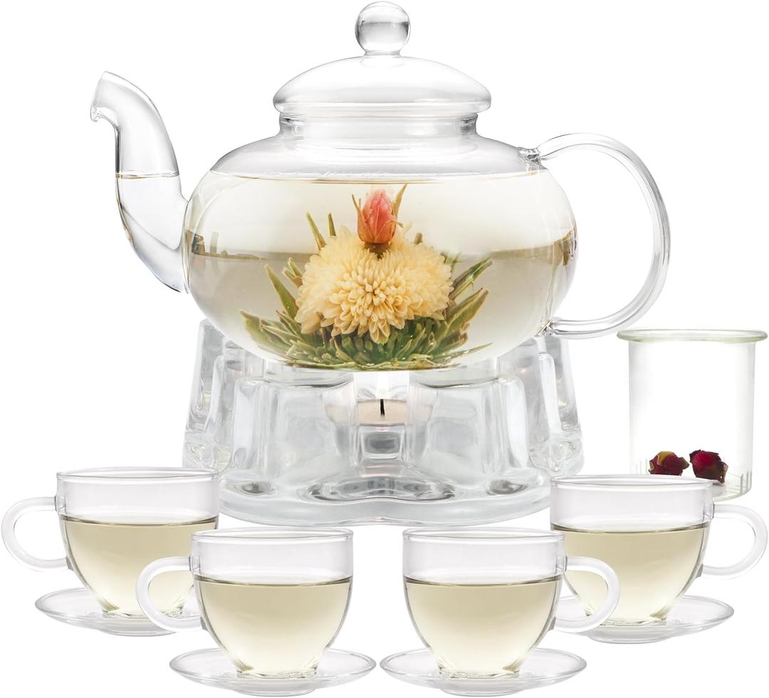 GURUDAR Glass Teapot Set, 34OZ/ 1000ML Glass Tea Kettle with Loose Tea Infuser & Warmer, 5oz/ 150ML Tea Cup & Saucer Set of 4, Stovetop & Microwave Safe Tea Maker, Blooming Tea Gift Set For Women