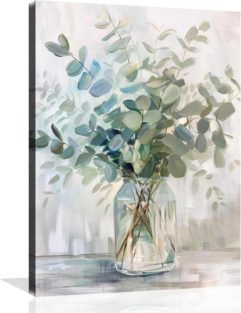 OWNANRTHM Eucalyptus Canvas Wall Art Botanical Wall Art Eucalyptus Pictures for Bathroom Plant Poster Vintage Eucalyptus Flower Herb Rustic Jar Painting for Living Room Bathroom Wall Framed 8X10 inch