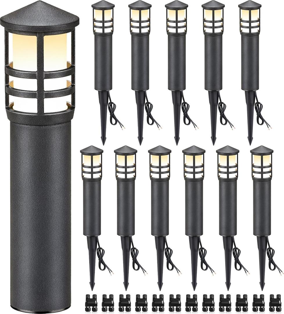SUNVIE 12-Pack Low Voltage Landscape Pathway Lights 3W Outdoor Landscape Lighting 3000K 12-24V LED Bollard Path Lights Wired CRI 90+ Aluminum Pathway Lighting for Walkway Yard Garden, ETL Listed Cord