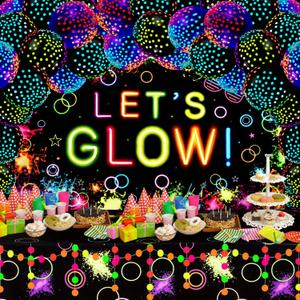 57 Pcs Let Glow Neon Party Supplies Including Glow in the Dark Decoration Backdrop Banner, Garlands, Tablecloth, Luminous Helium Latex Balloon(Round Dot,Clear, Black)