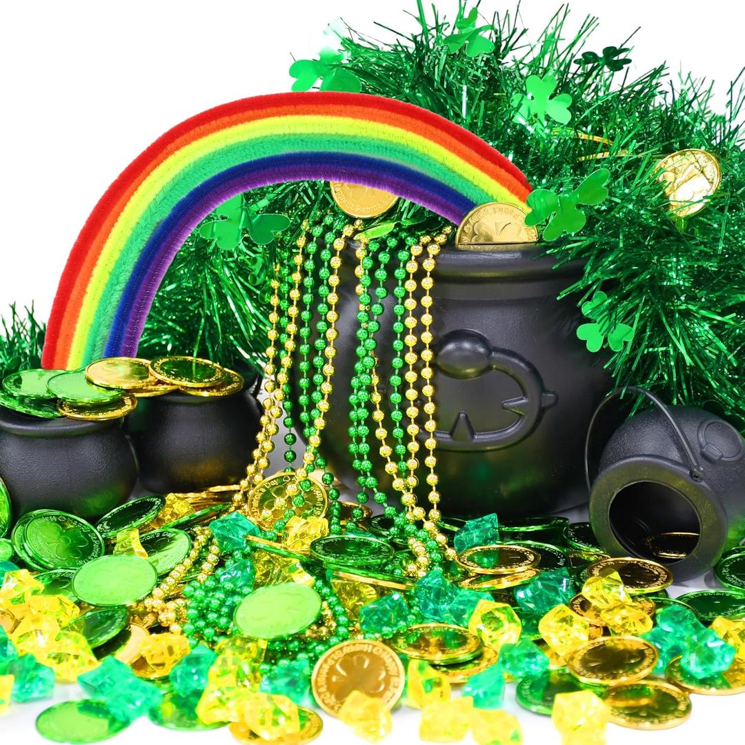 Seifar 329 Pcs St. Patrick's Day Cauldron Kettle Set, Shamrock Gem Plastic Coins Beaded Necklaces Pipe Cleaner Shamrock Garlands for St Patricks Day Decorations Party Favor Table Decor Centerpiece
