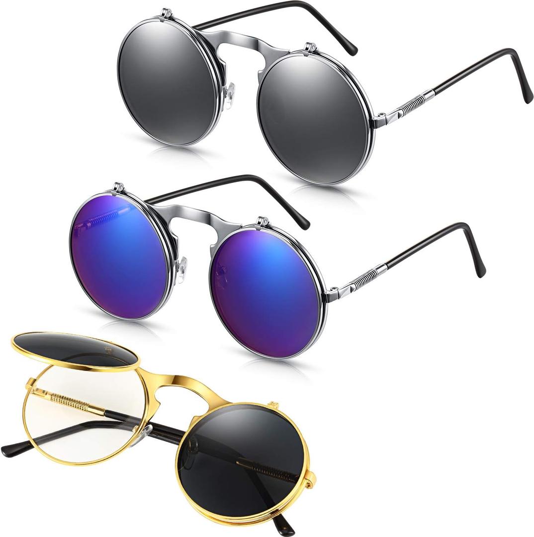 Frienda 3 Pcs Round Flip up Sunglasses Retro Steampunk Style Sunglasses Bulk 90's Circle Dwayne Wayne Glasses for Men Women