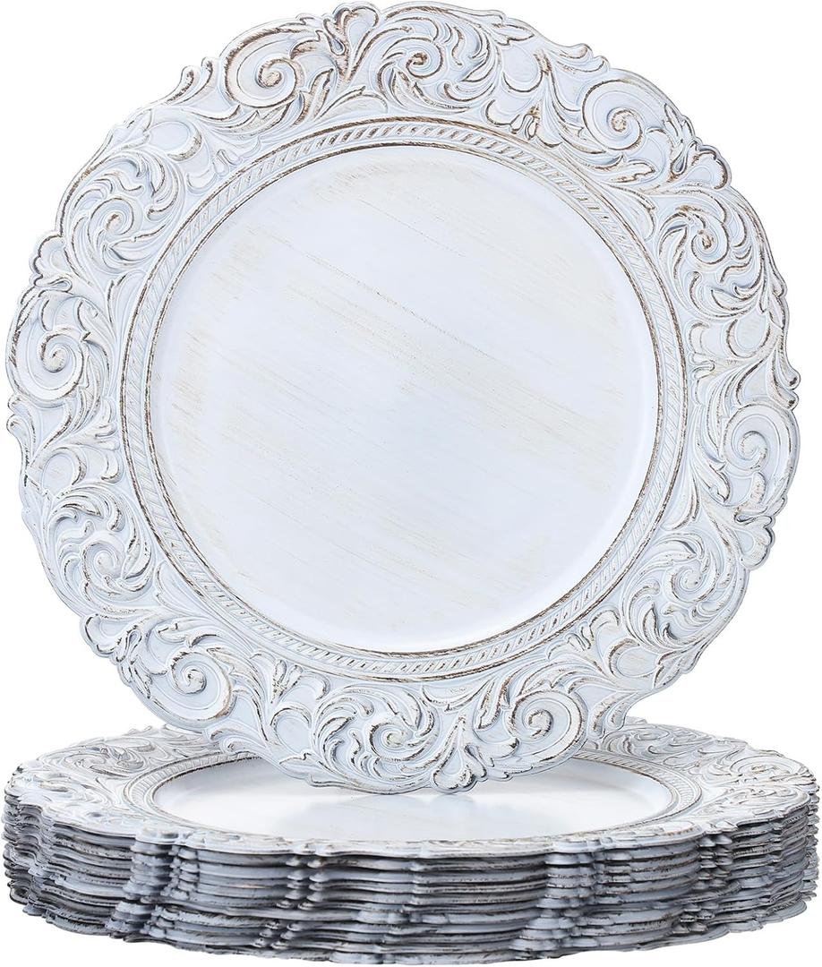 12 Pcs Plastic Charger Plates 13" Round Antique White Gold with Engraved Baroque Rim Vintage Disposable Decorative Chargers for Wedding Party Events