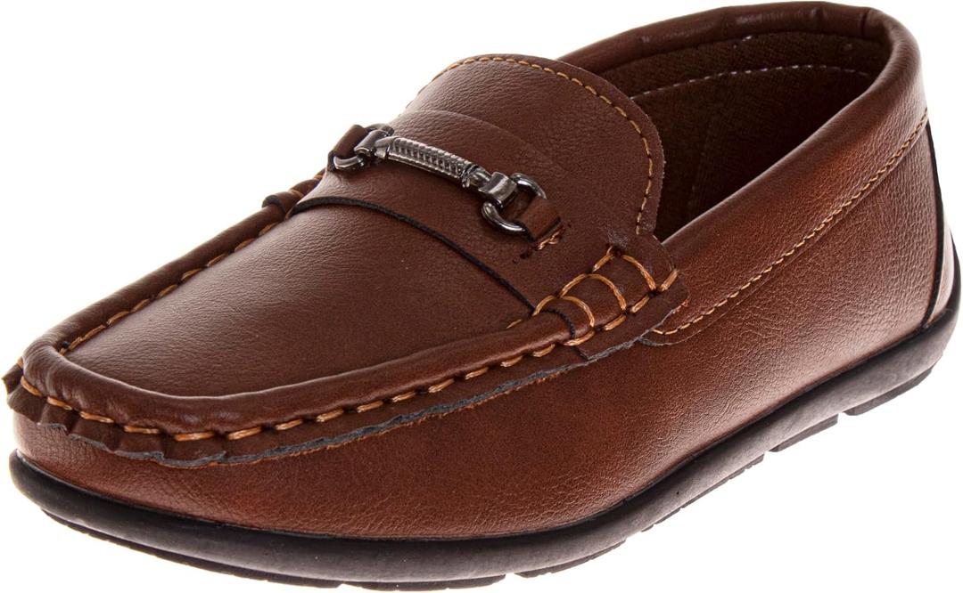 French Toast Kids Oxford Loafer Dress Shoes for Boys - Faux Leather Slipon Boat Shoe - Tan (Size 1 Big Kid)