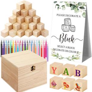 Marsui 136 Pcs Baby Shower Blocks to Decorate Game Kit Includes 98 Wooden Blocks, 36 Markers, 1 Game Sign, 1 Storage Box for Baby Shower Gender Reveal Activity Party Decorations(Leaf)