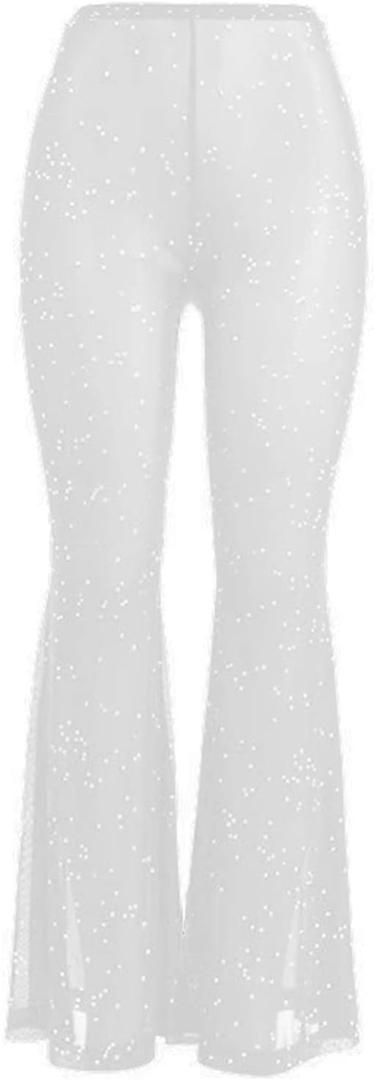 Women Rave Mesh Sheer Pants Flared Bell Bottom Pants for Dance Festival Clubwear (X-Small, White)